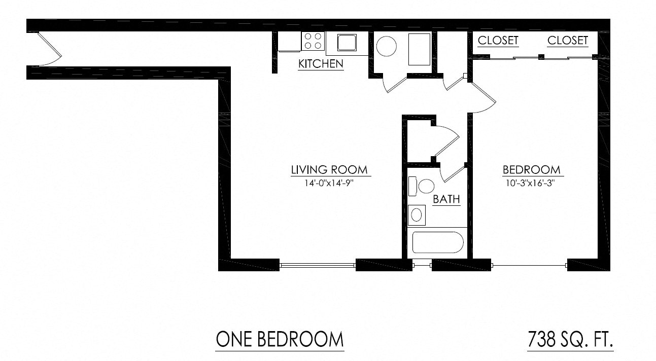 Floor plan for 1 bed, 1 bath, 738 sqft